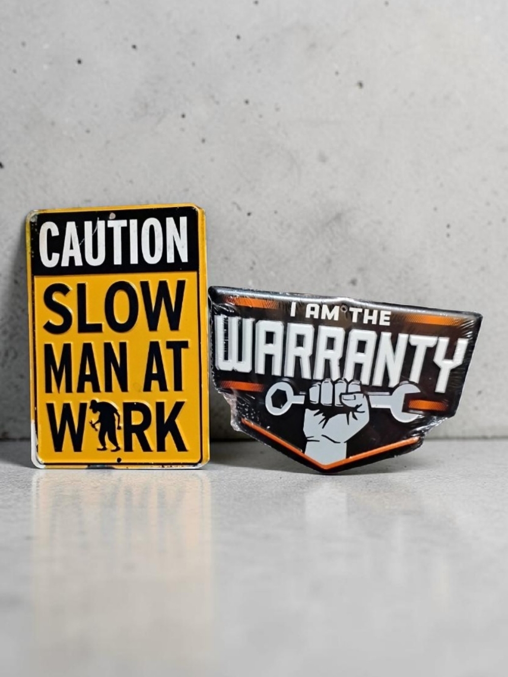 Novelty Enamel Pins – Yellow "Slow Man At Work" & Black "I Am The Warranty" Set